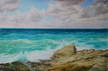 Painting titled "La mer Adriatique" by Katia Zhevno, Original Artwork, Oil Mounted on Wood Stretcher frame