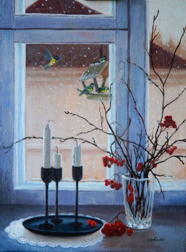 Painting titled "Viburnum and the fi…" by Katia Zhevno, Original Artwork, Oil