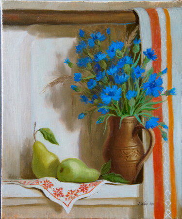 Painting titled "Cornflowers on Russ…" by Katia Zhevno, Original Artwork, Oil Mounted on Wood Stretcher frame
