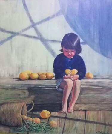 「Девочка с лимонами」というタイトルの絵画 Katrinaによって, オリジナルのアートワーク, アクリル ウッドストレッチャーフレームにマウント