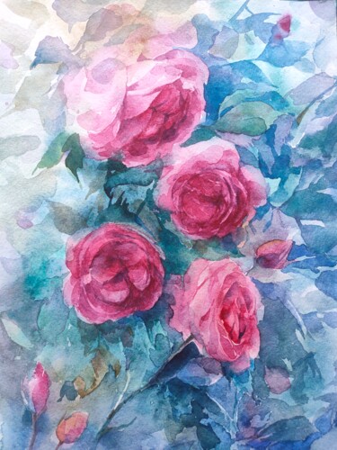 Malarstwo zatytułowany „In the Rose Garden” autorstwa Екатерина Сыпкова (KatrinColourArt), Oryginalna praca, Akwarela