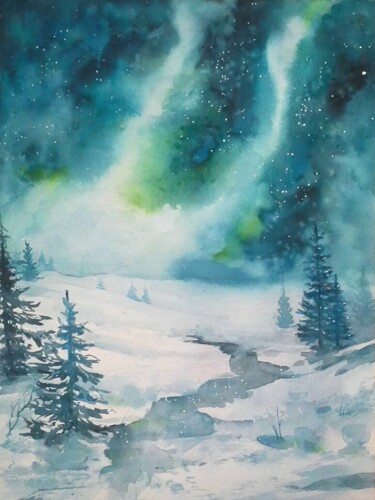 Peinture intitulée "Night winter landsc…" par Ekaterina Sypkova (KatrinColourArt), Œuvre d'art originale, Aquarelle