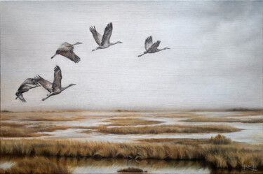 Malerei mit dem Titel "Crane Symphony" von Katsiaryna Parukava, Original-Kunstwerk, Öl