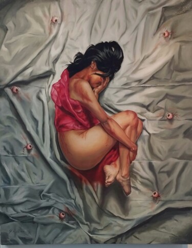 Painting titled "Trozo de Carne" by Katterin Flores, Original Artwork, Oil Mounted on artwork_cat.