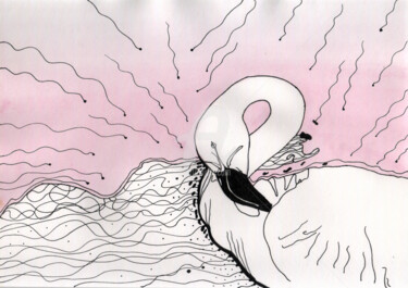 Pintura intitulada "Flamingo  , 粉紅色背景上的…" por Katwrina Golban, Obras de arte originais, Aquarela