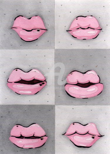 Malerei mit dem Titel "Pink lips (with Swa…" von Katwrina Golban, Original-Kunstwerk, Aquarell