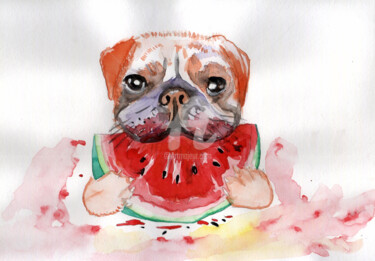 Malerei mit dem Titel "Fruit Mops , 狗，西瓜哈巴狗" von Katwrina Golban, Original-Kunstwerk, Aquarell