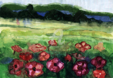 Цифровое искусство под названием "Poppies flowers sce…" - Katwrina Golban, Подлинное произведение искусства, Акварель