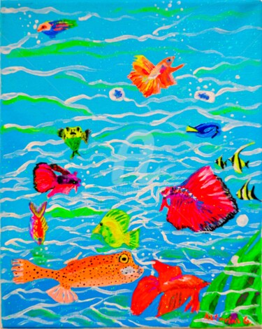 "Aquarium , 海洋水族館裡的彩…" başlıklı Tablo Katwrina Golban tarafından, Orijinal sanat, Akrilik Ahşap Sedye çerçevesi üzerine mont…