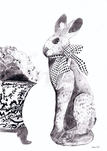 Digital Arts titled "Rabbit  white & bla…" by Katwrina Golban, Original Artwork, Watercolor
