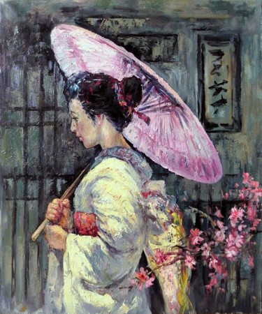 Pittura intitolato "Geisha with umbrella" da George Shchegol, Opera d'arte originale, Olio Montato su Telaio per barella in…