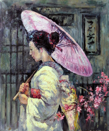 Painting titled "Geisha with umbrella" by George Shchegol, Original Artwork, Oil Mounted on Wood Stretcher frame