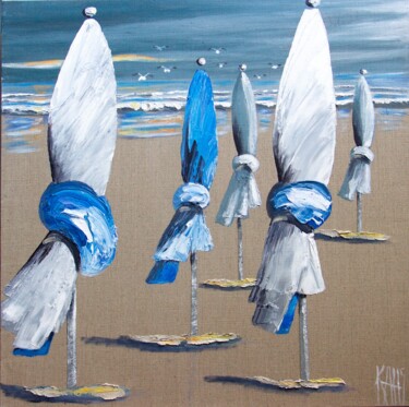 Schilderij getiteld "Les parasols" door Michèle Kaus (Kaus), Origineel Kunstwerk, Acryl Gemonteerd op Frame voor houten bran…