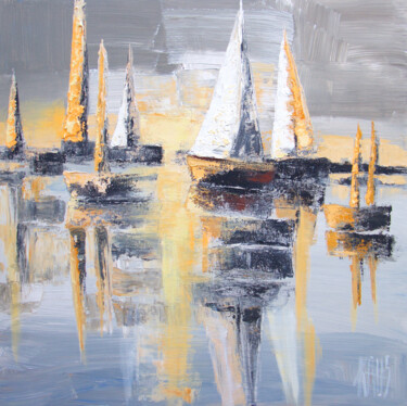 Schilderij getiteld "Les voiles I" door Michèle Kaus (Kaus), Origineel Kunstwerk, Acryl Gemonteerd op Frame voor houten bran…