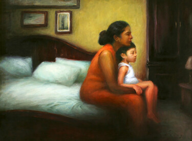 Ζωγραφική με τίτλο "Mama and her Son" από Kavinda Silva, Αυθεντικά έργα τέχνης, Λάδι