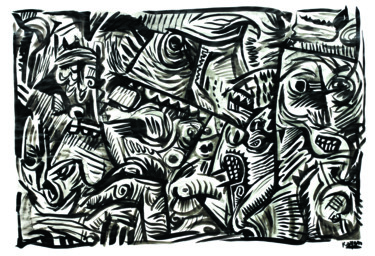 Σχέδιο με τίτλο "Fisherman" από Kayen, Αυθεντικά έργα τέχνης, Μελάνι