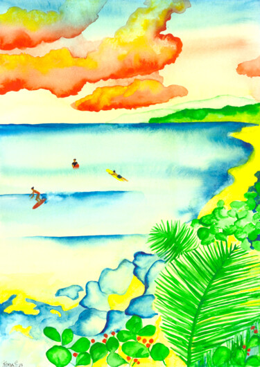 Painting titled "Anse aux vagues" by Kenza Chraibi, Original Artwork, Watercolor