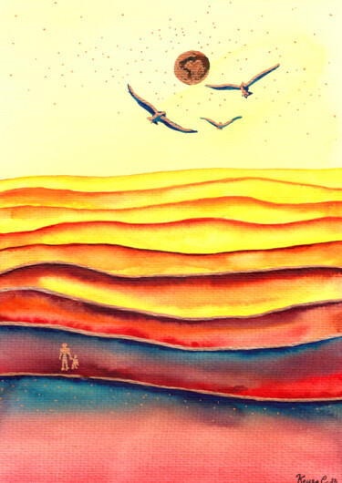 Картина под названием "Desert" - Kenza Chraibi, Подлинное произведение искусства, Акварель