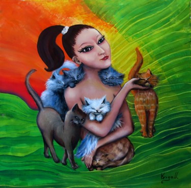 Peinture intitulée "Alicia et ses chats" par Carolina Kergall, Œuvre d'art originale