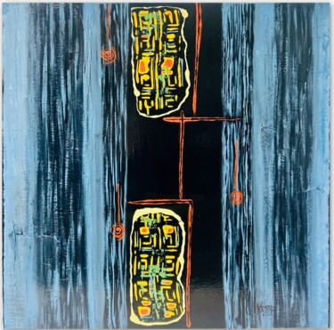 绘画 标题为“INDIGO” 由Kesso, 原创艺术品, 彩绘玻璃 安装在木质担架架上