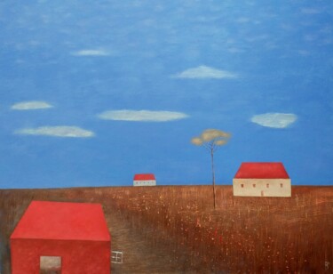 Pintura titulada "Houses In The Fields" por Kestutis Jauniskis, Obra de arte original, Oleo