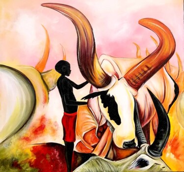 Pittura intitolato "The young herdsman" da Kevin Jjagwe, Opera d'arte originale, Acrilico