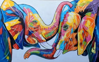 Ζωγραφική με τίτλο "Elephant love" από Kevin Jjagwe, Αυθεντικά έργα τέχνης, Ακρυλικό