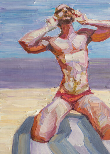 Schilderij getiteld "Beach Ready" door Khairzul Ghani, Origineel Kunstwerk, Olie Gemonteerd op Frame voor houten brancard