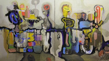 Painting titled "Cafe. Diptych" by Zaza Kharabadze, Original Artwork, Oil Mounted on Wood Stretcher frame