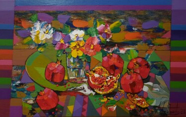 Картина под названием "Ripe pomegranate" - Zaza Kharabadze, Подлинное произведение искусства, Масло Установлен на Деревянная…