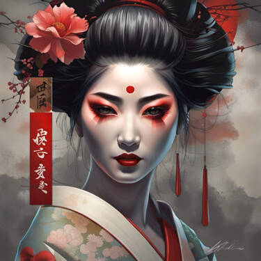 Digital Arts titled "GEISHA #3" by Khélène, Original Artwork, Digital Painting Mounted on Wood Stretcher frame