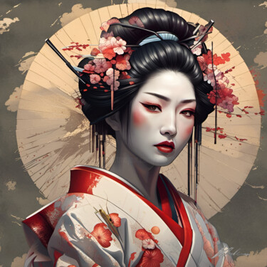 Digital Arts titled "GEISHA #2" by Khélène, Original Artwork, Digital Painting Mounted on Wood Stretcher frame