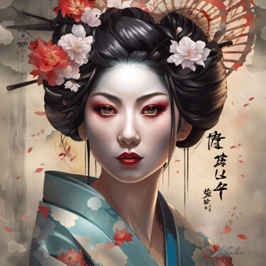 Digital Arts titled "GEISHA #11" by Khélène, Original Artwork, Digital Painting Mounted on Wood Stretcher frame