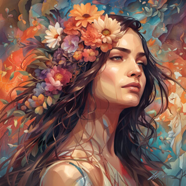 Artes digitais intitulada "FILLE AUX FLEURS #16" por Khélène, Obras de arte originais, Pintura digital Montado em Armação em…