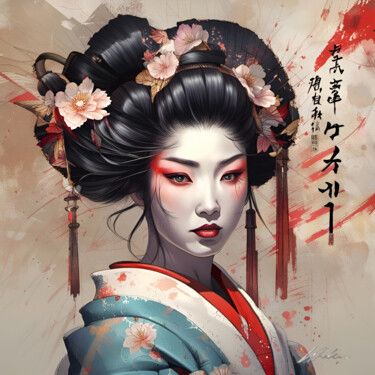 数字艺术 标题为“GEISHA #13” 由Khélène, 原创艺术品, 数字油画 安装在木质担架架上