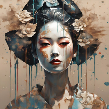 Digital Arts titled "GEISHA #5" by Khélène, Original Artwork, Digital Painting Mounted on Wood Stretcher frame