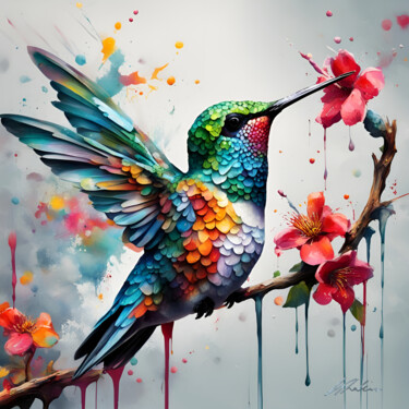 Digital Arts titled "COLIBRI #1" by Khélène, Original Artwork, Digital Painting Mounted on Wood Stretcher frame