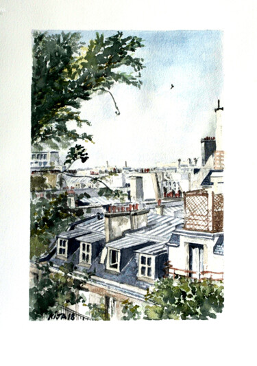 Painting titled "Les toits de Paris" by Kija, Original Artwork, Watercolor