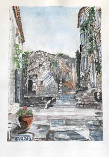 Painting titled "Village de Tourette…" by Kija, Original Artwork, Watercolor