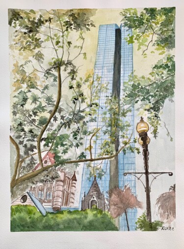 Painting titled "John Hancock Tower" by Kija, Original Artwork, Watercolor