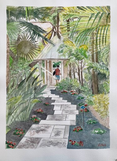 Peinture intitulée "Un jardin à Key Wes…" par Kija, Œuvre d'art originale, Aquarelle