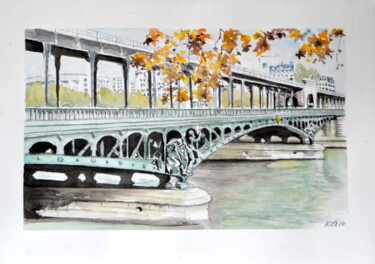 Malerei mit dem Titel "Le pont Bir Hakeim" von Kija, Original-Kunstwerk, Aquarell