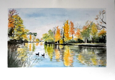 Painting titled "Les canards du bois…" by Kija, Original Artwork, Watercolor