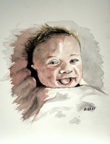 Peinture intitulée "Le premier rire" par Kija, Œuvre d'art originale, Aquarelle
