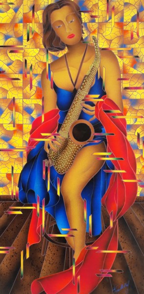 Painting titled "La Sassofonista" by Kino Mistral, Original Artwork, Acrylic Mounted on Wood Stretcher frame