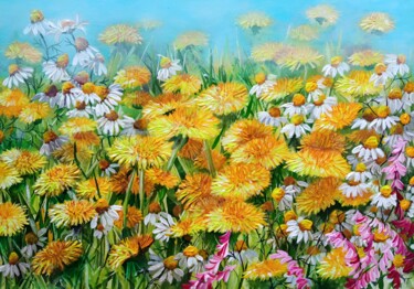 Painting titled "Dandelion field" by Kirill Shevchenko, Original Artwork, Acrylic Mounted on Wood Stretcher frame