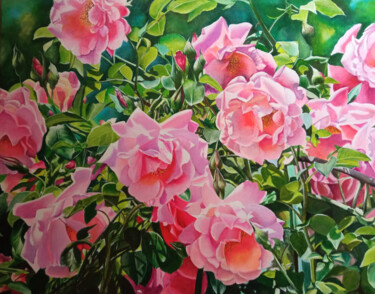 Schilderij getiteld "Pink roses in the g…" door Kirill Shevchenko, Origineel Kunstwerk, Acryl