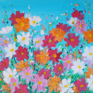 Painting titled "Cosmos Flowers (fra…" by Kirstin Mccoy, Original Artwork, Oil Mounted on Wood Stretcher frame