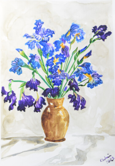 Malerei mit dem Titel "Vase of Irises (202…" von Kirsty Wain, Original-Kunstwerk, Aquarell