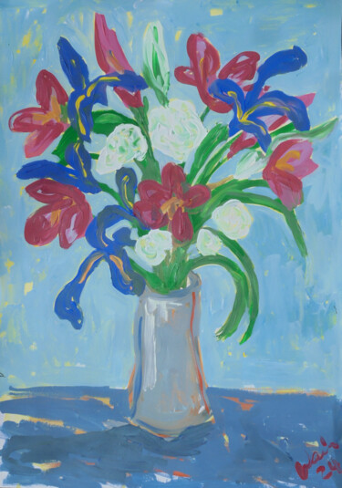 「Bouquet with Irises」というタイトルの絵画 Kirsty Wainによって, オリジナルのアートワーク, アクリル